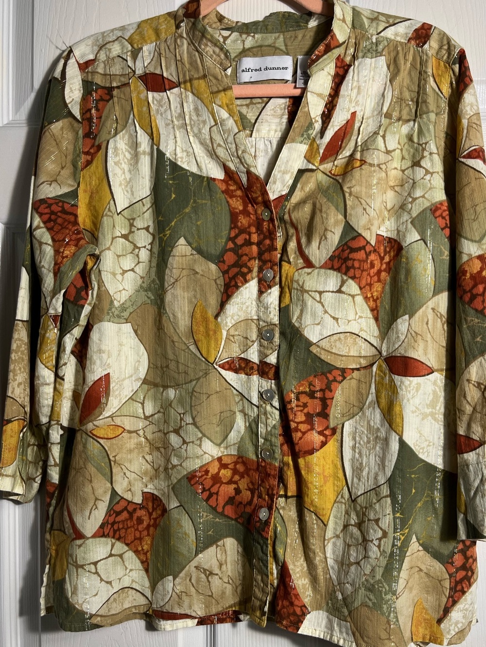 Alfred Dunner Button-Front Botanical Print Metallic Top - Olive/Gold/Rust 14